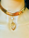 Gold Herringbone Choker W/ Rhinestone Cage Leaf Pendant